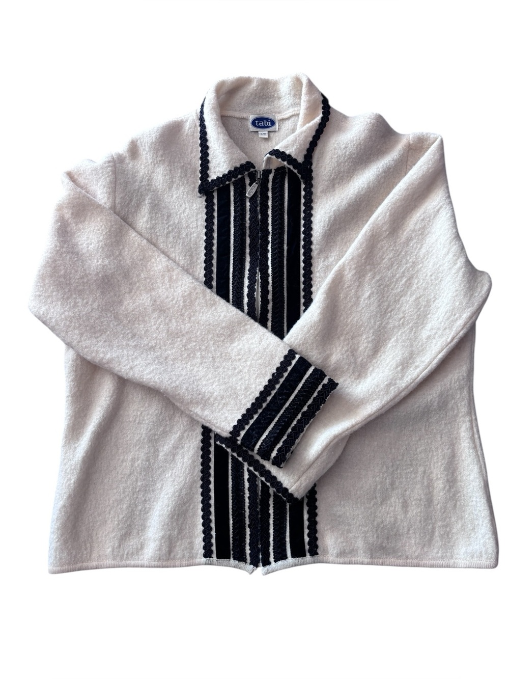 Tabi 100% Wool Cream Black Trim Zip Front Cardigan Size Large